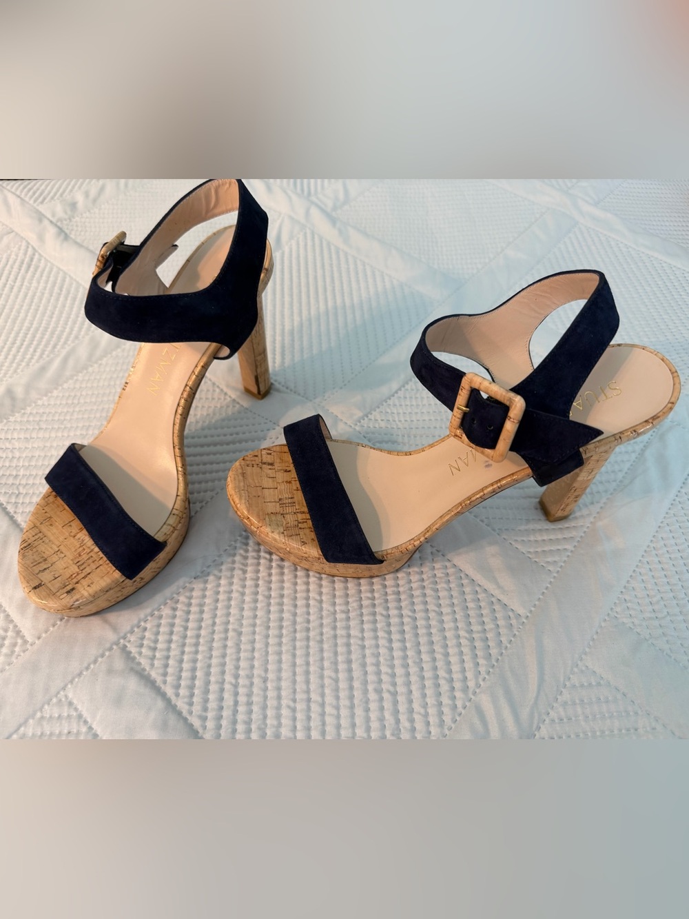 Stuart Weitzman Alesha Navy Suede Strap Cork Platform Sandals Size 9 Nearly New - Picture 3 of 13